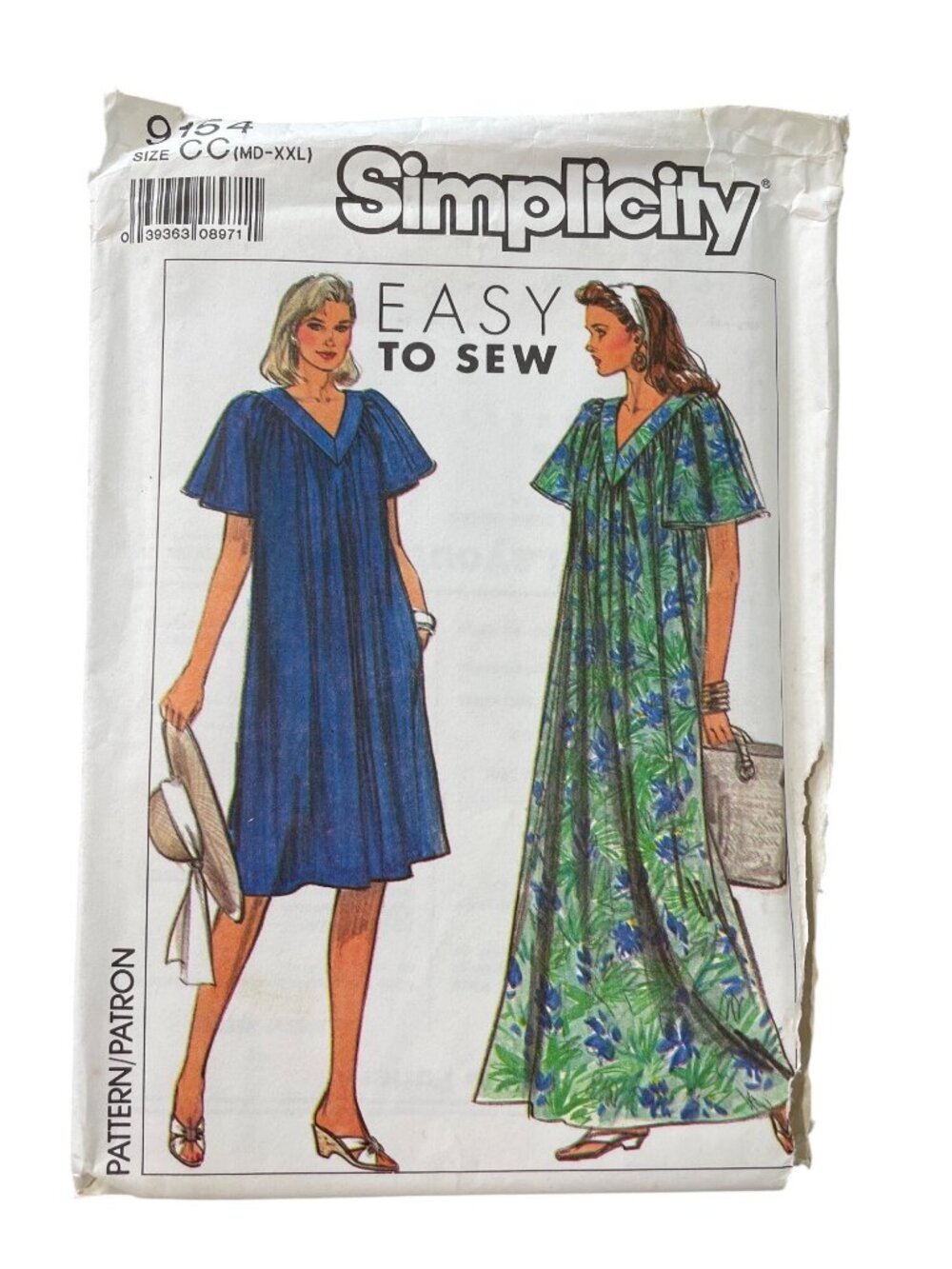 Vintage 80s Simplicity 9154 Sewing Pattern Medium-XXL Easy To Sew Dress UNCUT